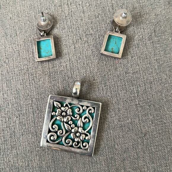 Turquoise and Sterling Silver Square Earrings and Pendant Set - Picture 2 of 2